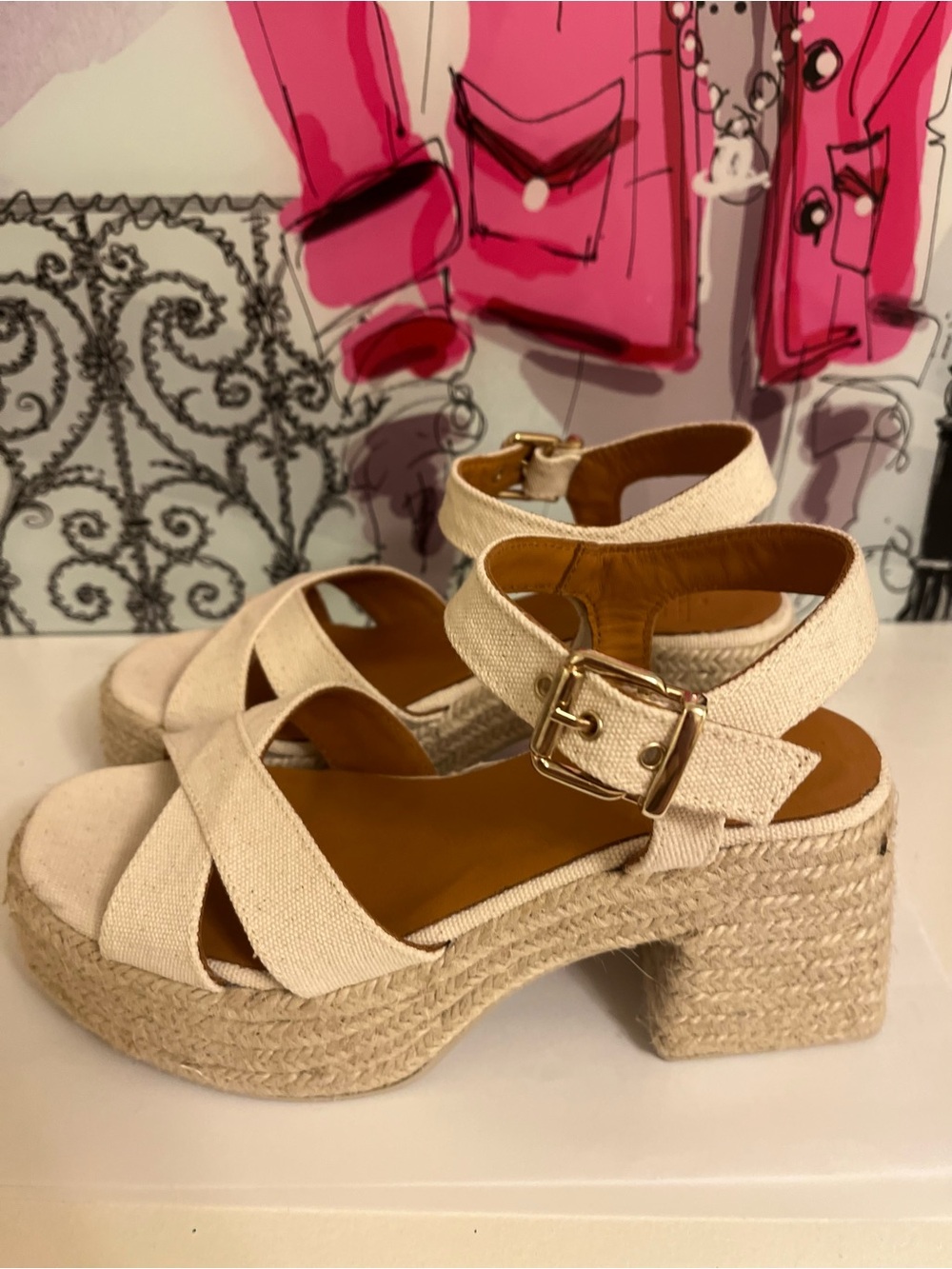 Les Souliers Sézane Block Heel Espadrille Sandals — Cream — Size EU 35 (US 5) - Picture 6 of 8